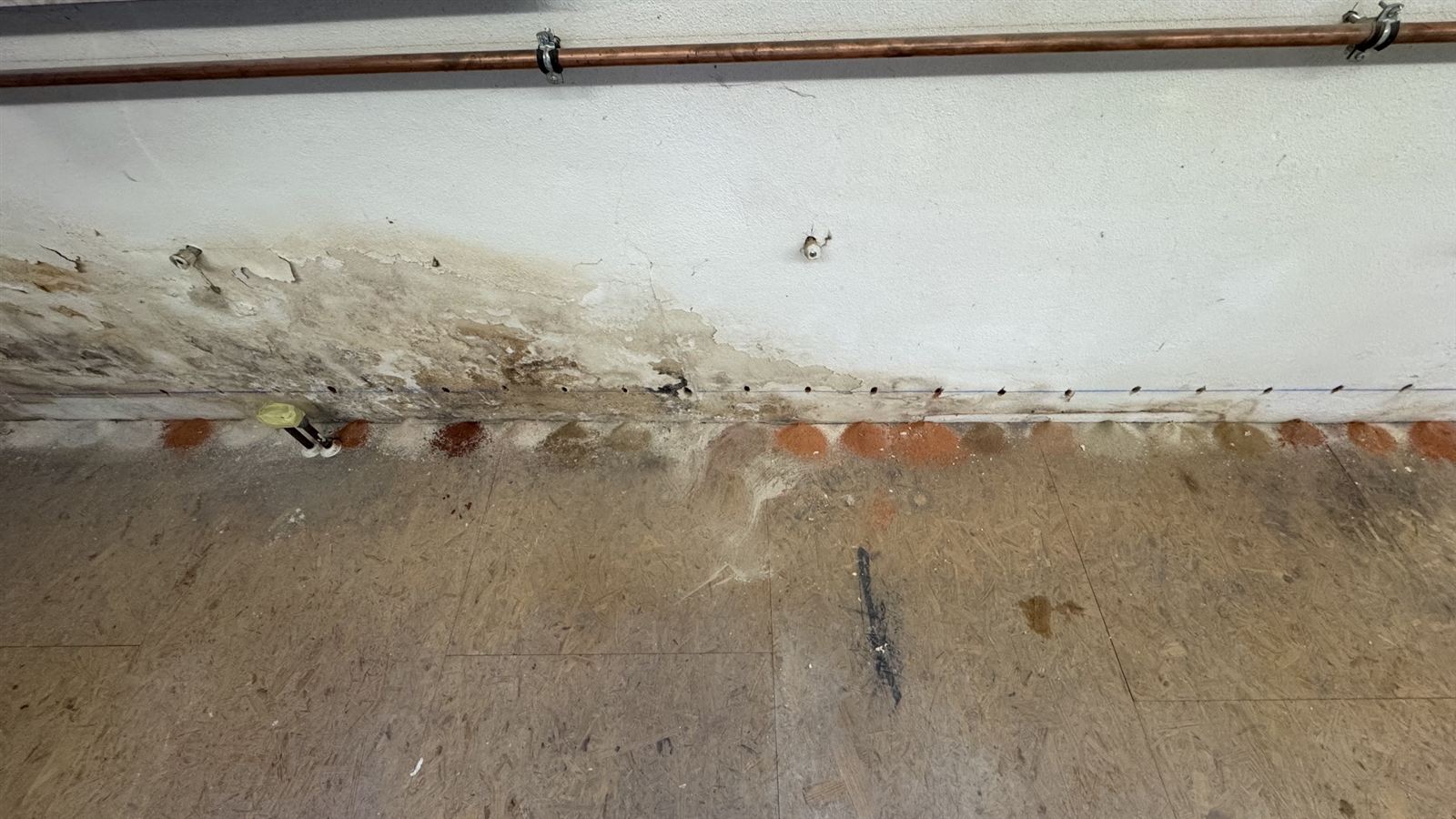 Exakte Bohrlochreihe in der Wand, vorbereitet für die Injektion der Horizontalsperre